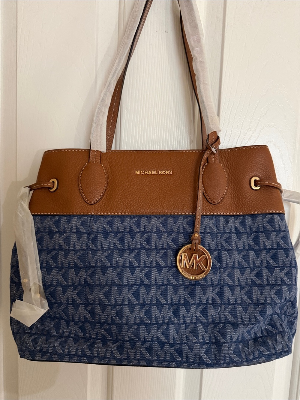 Michael Kors Navy MK Signature Tote with Brown Leather Trim